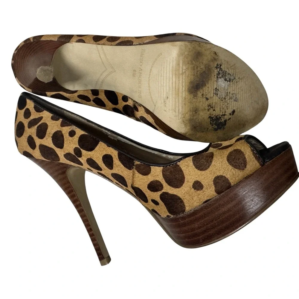 Enzo Angiolini Leopard Calf Hair Platform Peep Toe Heels Brown Tan Size‎ 6M